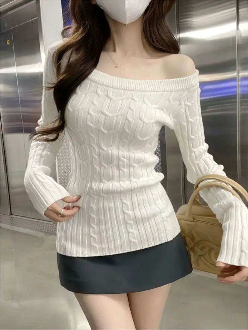 New Knitted Off Shoulder Sweater For Women Long Sleeve Turtleneck Pullover Jumper In Black White Sexy Fashion