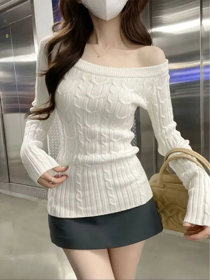 New Knitted Off Shoulder Sweater For Women Long Sleeve Turtleneck Pullover Jumper In Black White Sexy Fashion
