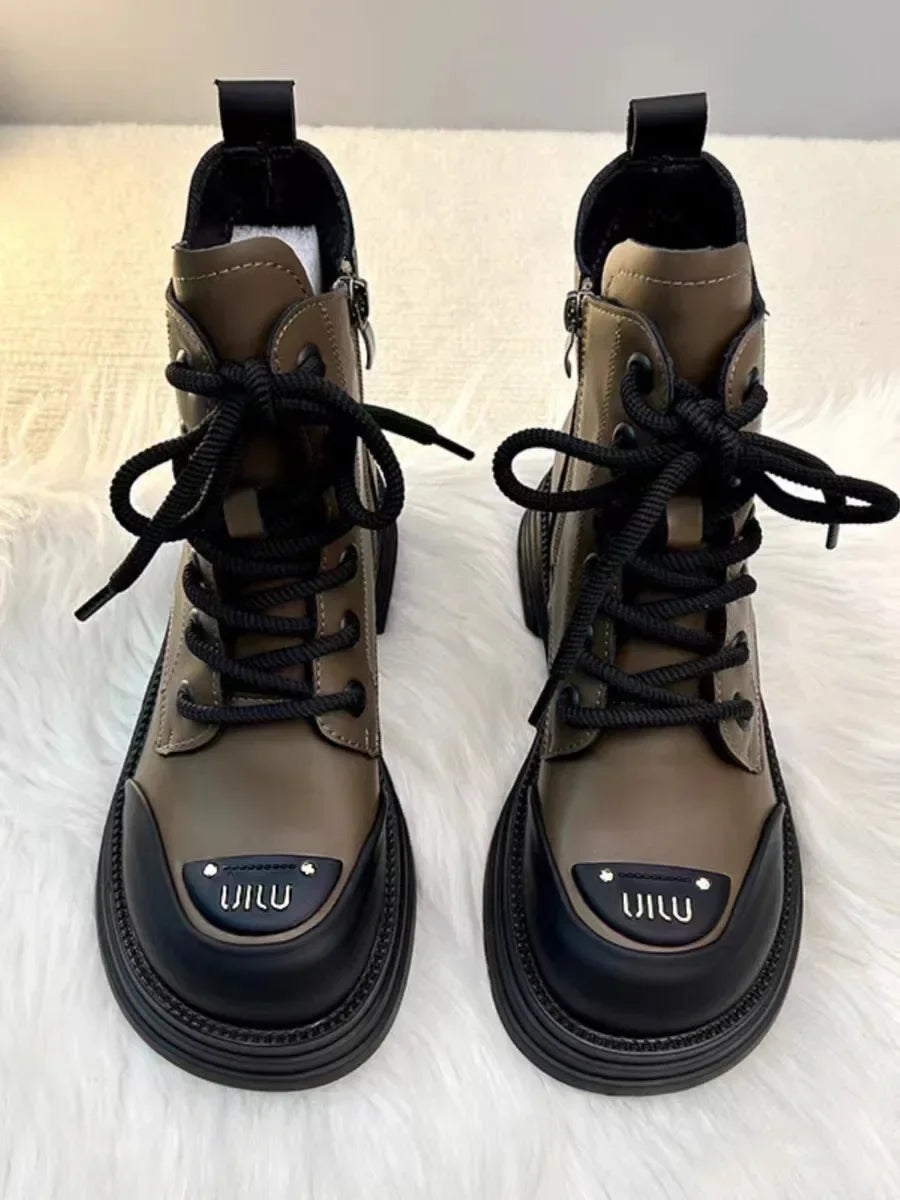 High-Top Women’s Martin Boots – Spring 2025 Round Toe Lace-Up Platform Ankle Boots