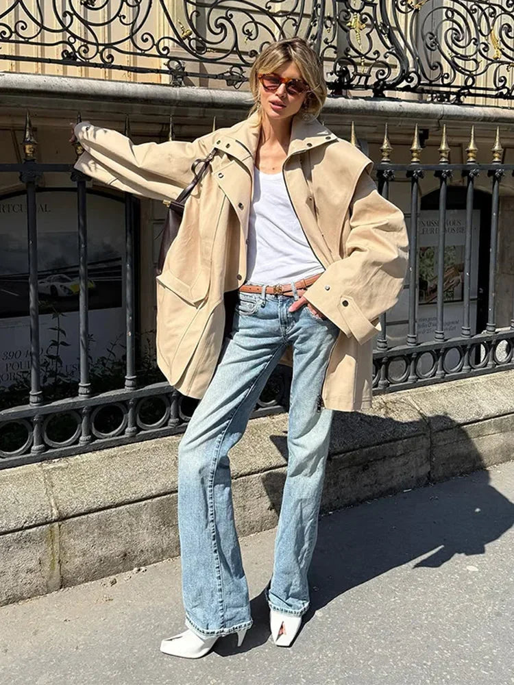 Cotton Khaki Long Turn Down Collar Belted Women Trench Coat