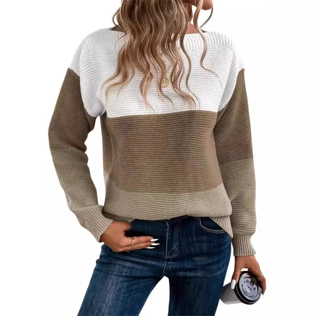 Womens Colorful Patchwork Crop Sweater Autumn Casual Knitted Pullover Bare Midriff Coarse Yarn Top
