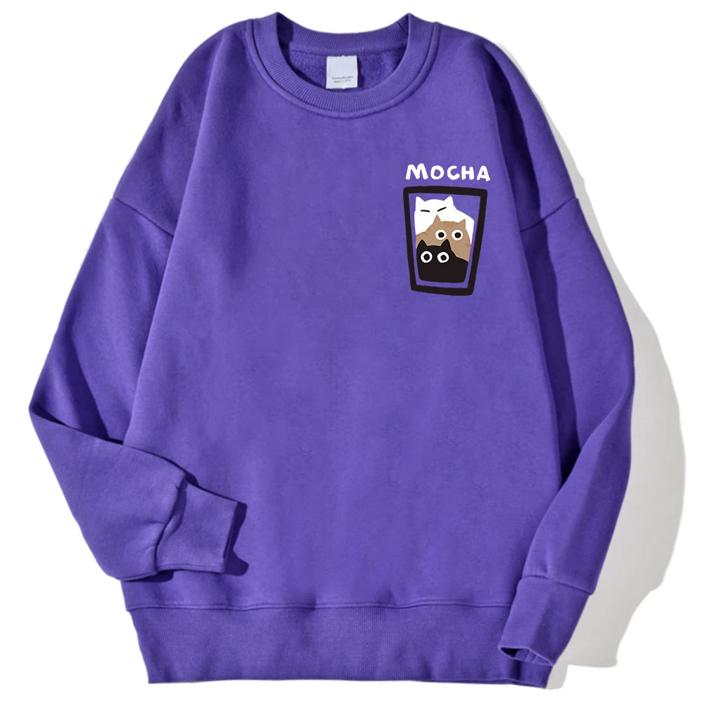 Mocha Cat Cup Printed Crew Neck Sweatshirts