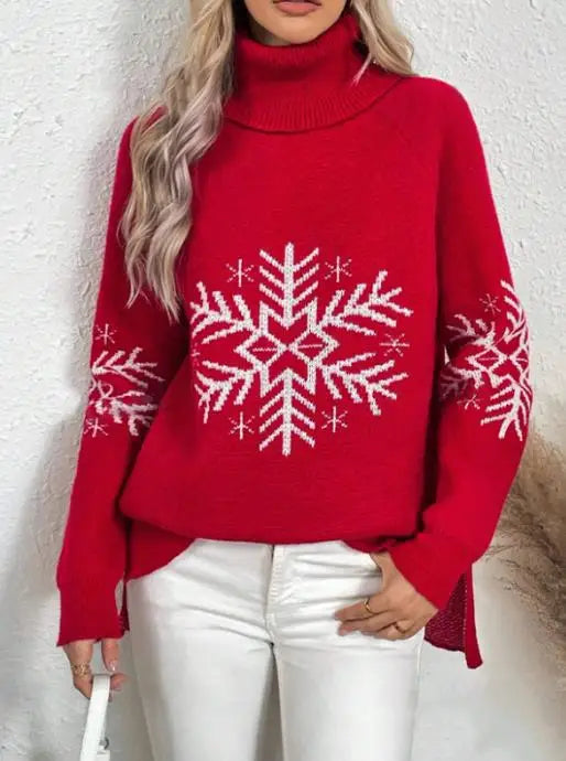 Womens Turtleneck Snowflake Knit Sweater Autumn Winter Style