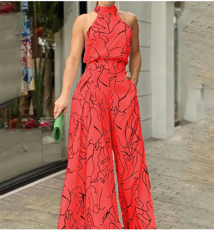 Elegant Print Jumpsuit: Sleeveless Waist-Tie European & American Summer Style