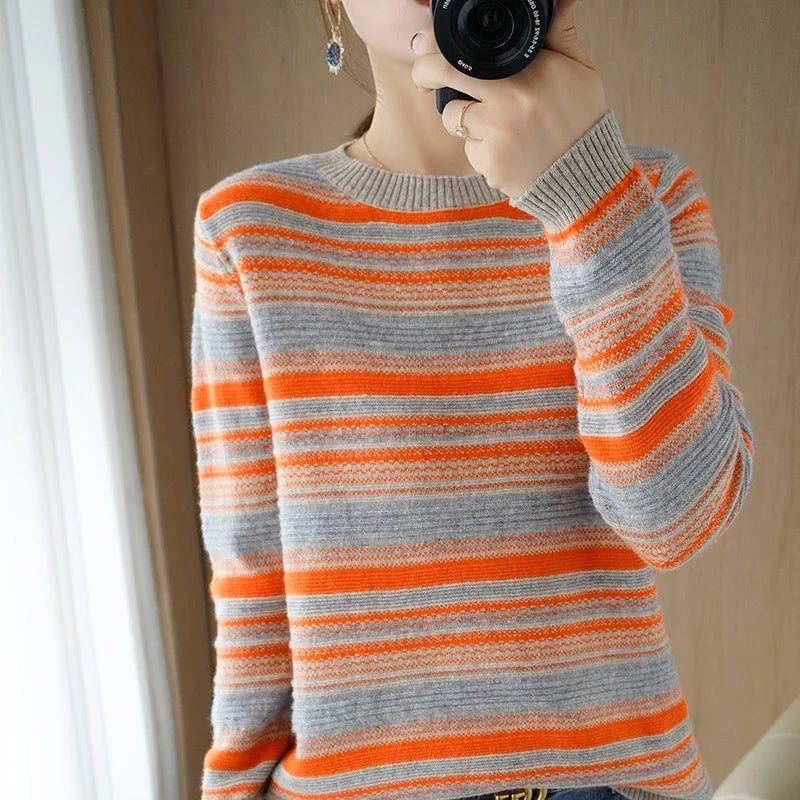 2024 Autumn Winter Womens Striped O Neck Sweater O Neck Long Sleeves Oversized Fit