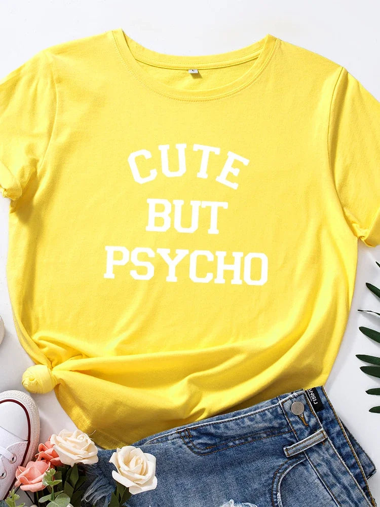 Cute But Psycho Graphic T Shirt 2025 Summer Funny Loose Crew Neck Tee Womens Casual Harajuku Print Shirt