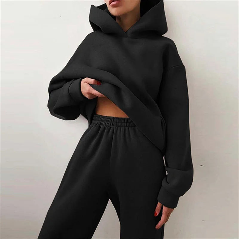 Womens Cool Style 2 Pieces Crop Hoodie Sweatpant Tracksuits