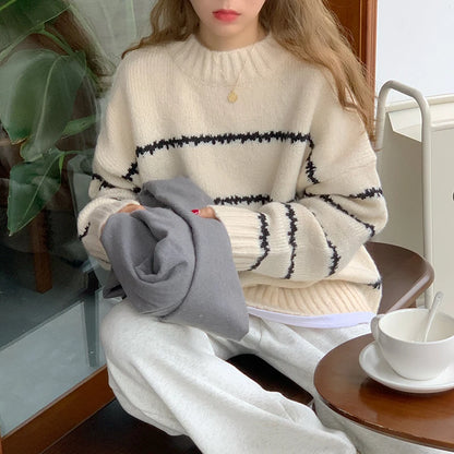 Womens Oversized Striped Sweater Round Neck Loose Knit Pullover Thick Casual Jumper For Autumn Winter Fashion