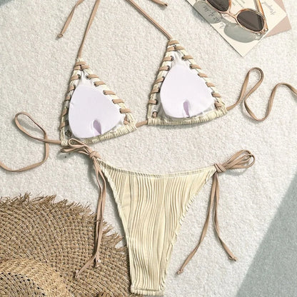 Minimalist Cream Lace-Up Plisse Bikini Aesthetic