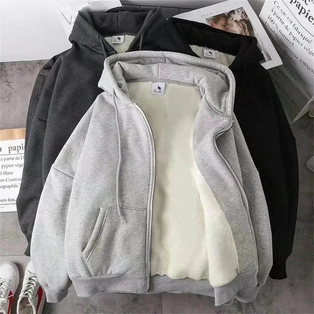 Straight Style Zipper Long Sleeve Women Hoodies