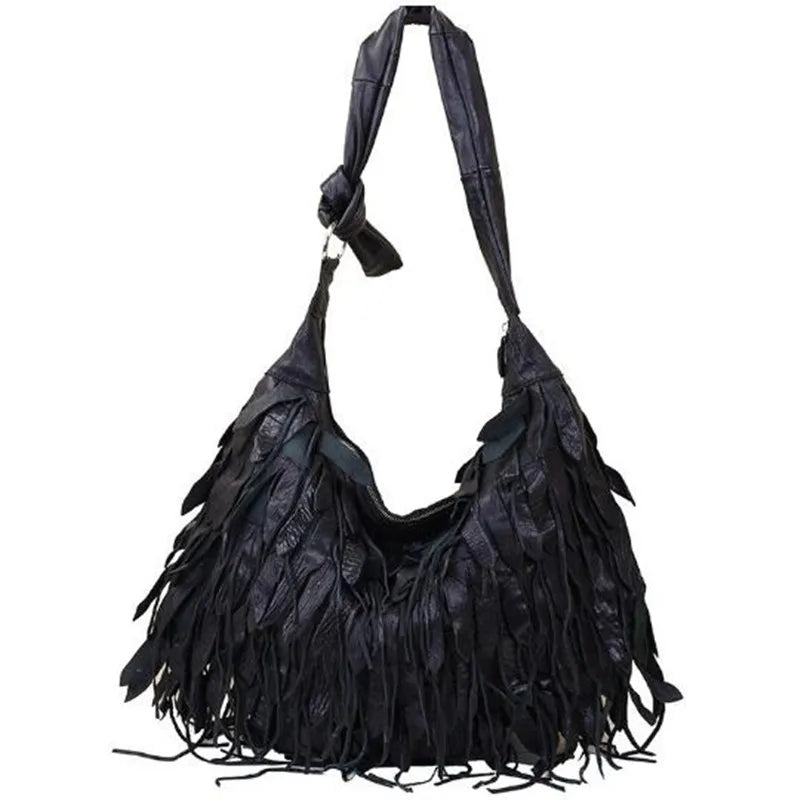 Tassel Black Leather Messenger Bag