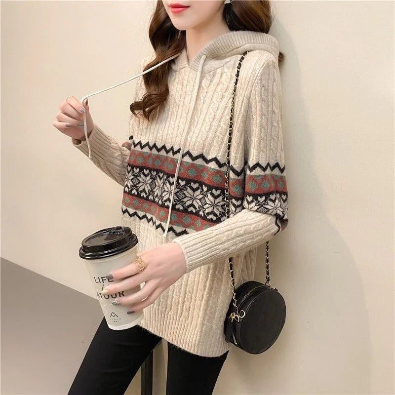 Women S Vintage Brown Knitting Sweater Hoodie Long Sleeve Casual Korean Fashion Baggy Autumn Tops For Ladies