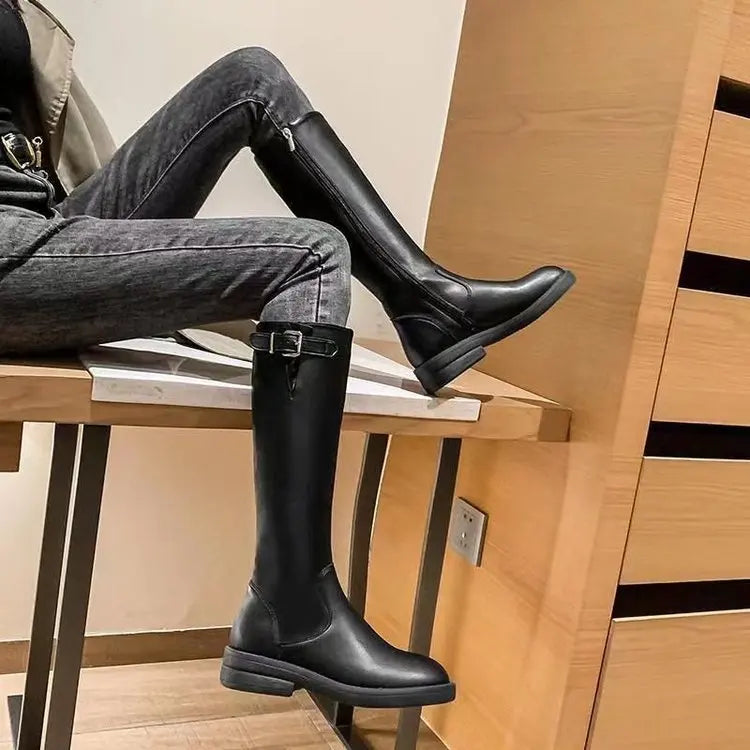 Women’s Mid-Calf Winter Boots – Elegant British Style Patent Leather Low Square Heel Footwear