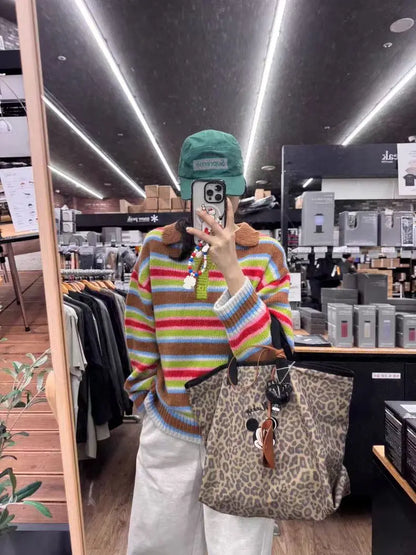 Vintage Cool Design Contrast Stripe Lace Up V Neck Sweater