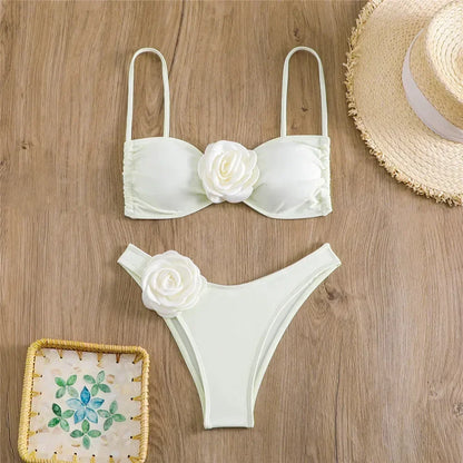 Sophisticated Black Bikini with White 3D Rose Details Aesthetic