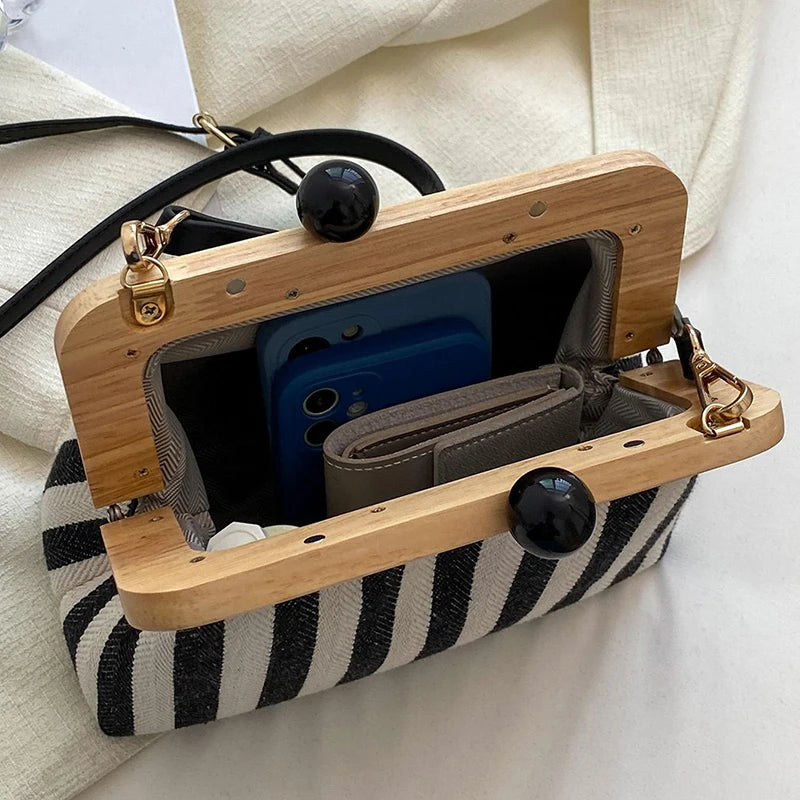 New Elegant Striped Black Bead Buckle Handbag