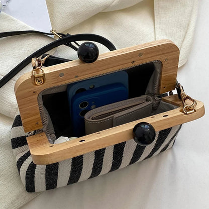 New Elegant Striped Black Bead Buckle Handbag