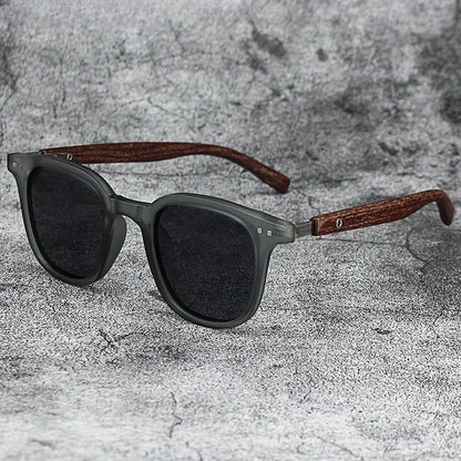 Nature Meets Tech: Matte Grey Sunglasses with Textured Wooden Temples