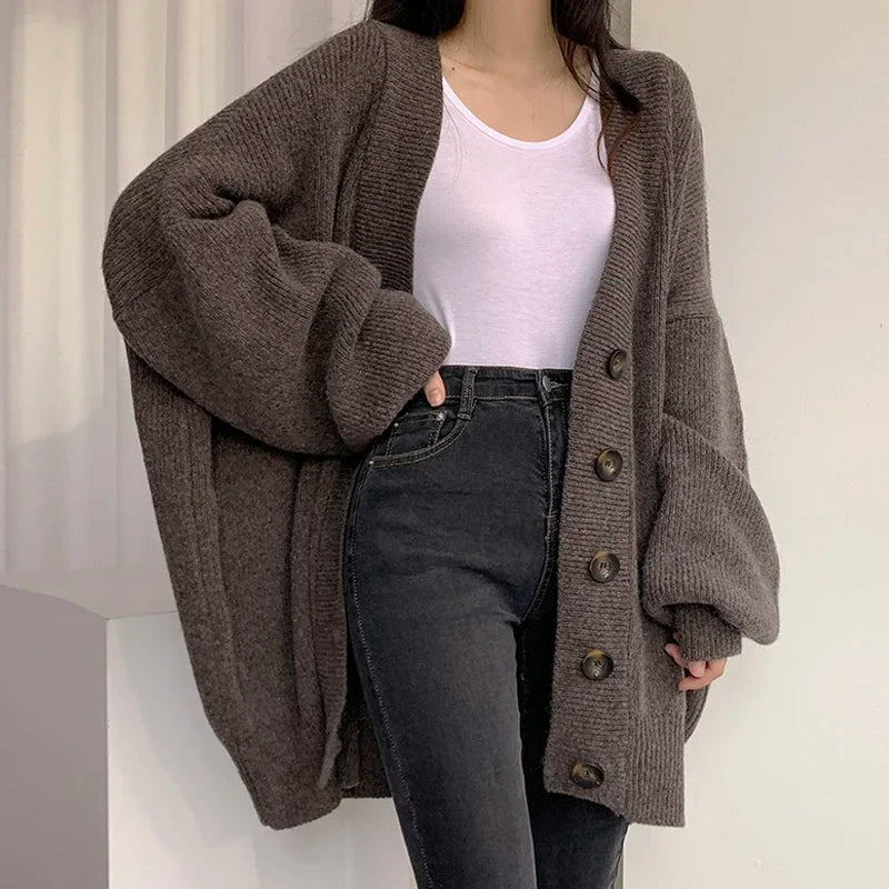 Loose Style Lantern Sleeve Oversized Cardigan Sweaters For Women