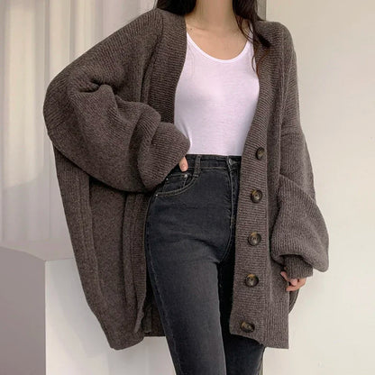 Loose Style Lantern Sleeve Oversized Cardigan Sweaters For Women