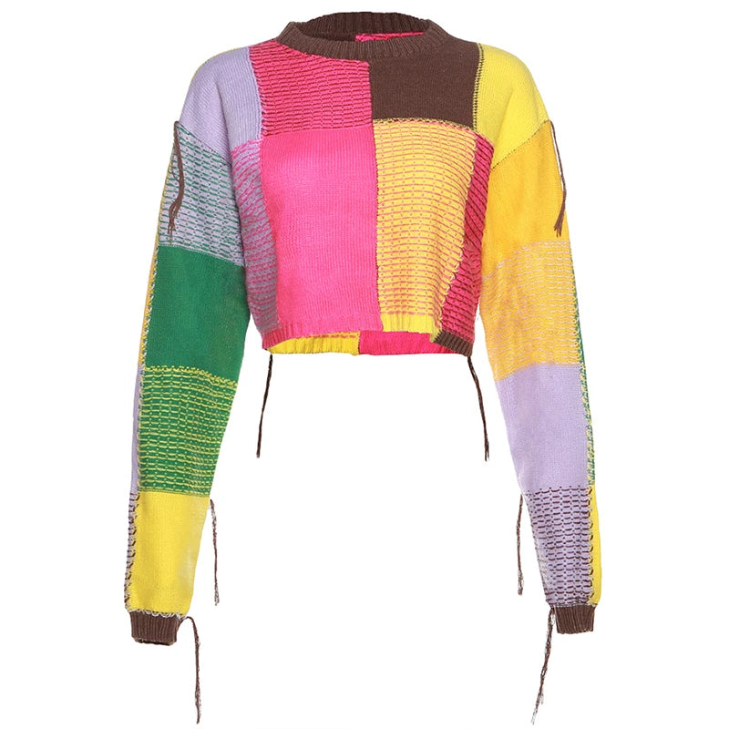 Multi-Color Cropped O-Neck Sweater: Streetwear Casual Style for Autumn/Winter