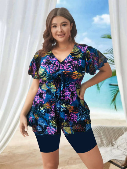 2025 Plus Size Printed Long Sleeve Swimwear For Women Deep V One Piece Swimsuit Beach Bodysuit