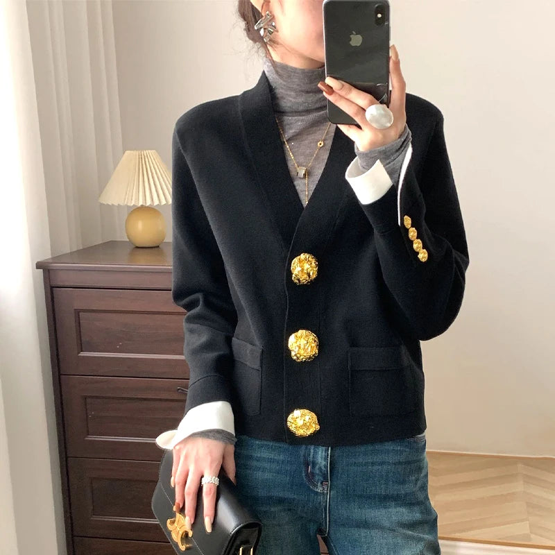 Flap Pocket Big Button V Neck Cardigan