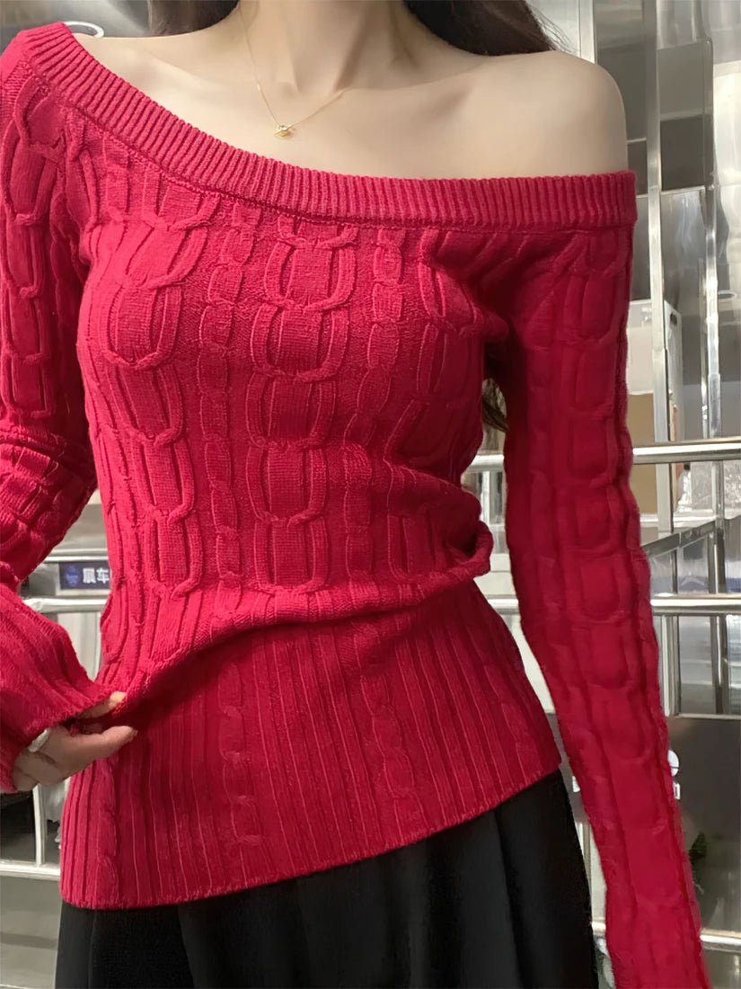 New Knitted Off Shoulder Sweater For Women Long Sleeve Turtleneck Pullover Jumper In Black White Sexy Fashion