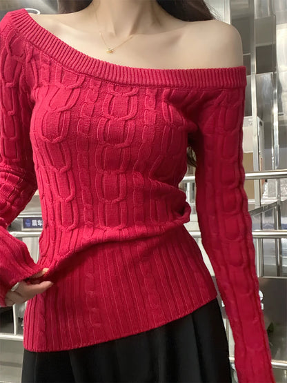 New Knitted Off Shoulder Sweater For Women Long Sleeve Turtleneck Pullover Jumper In Black White Sexy Fashion