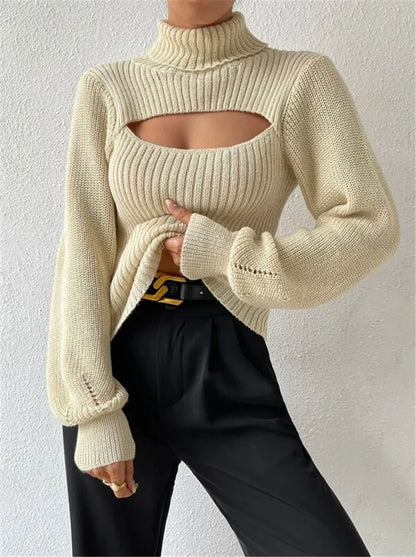 Hollow Out Turtleneck Sweater – Women’s Loose Boho Knit