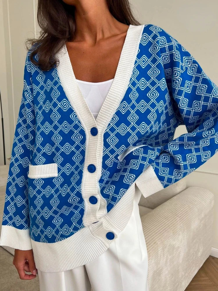 Geometric Jacquard V-Neck Knit Cardigan – Oversized 2025 Autumn/Winter