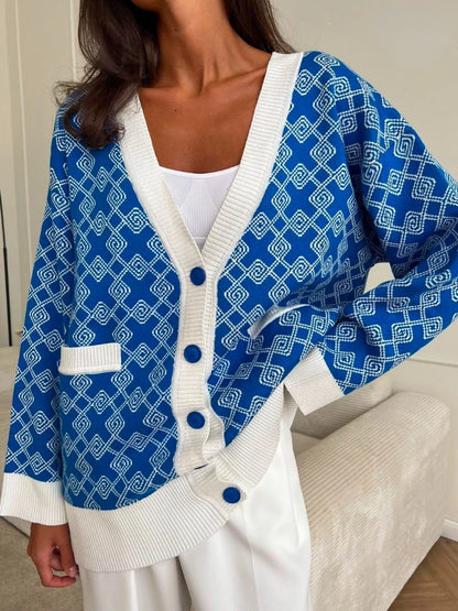 Geometric Jacquard V-Neck Knit Cardigan – Oversized 2025 Autumn/Winter