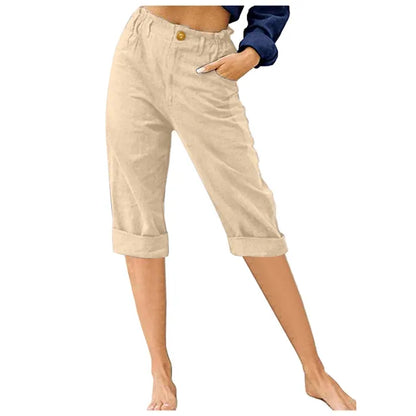 Button Fly Elastic Waist Capris