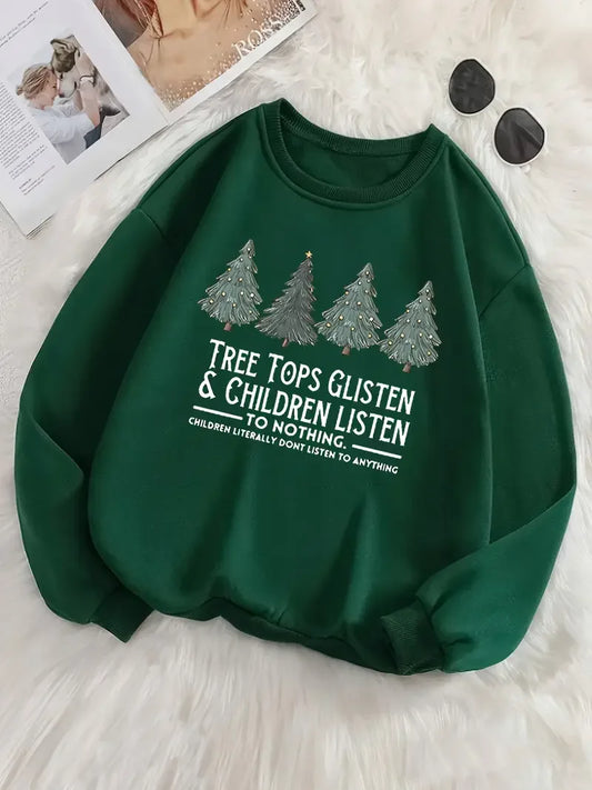 Women's Christmas Tree Sweatshirt – 'Tree Tops Glisten' Fleece Hooded Casual Hoodie, Autumn Loose Fit