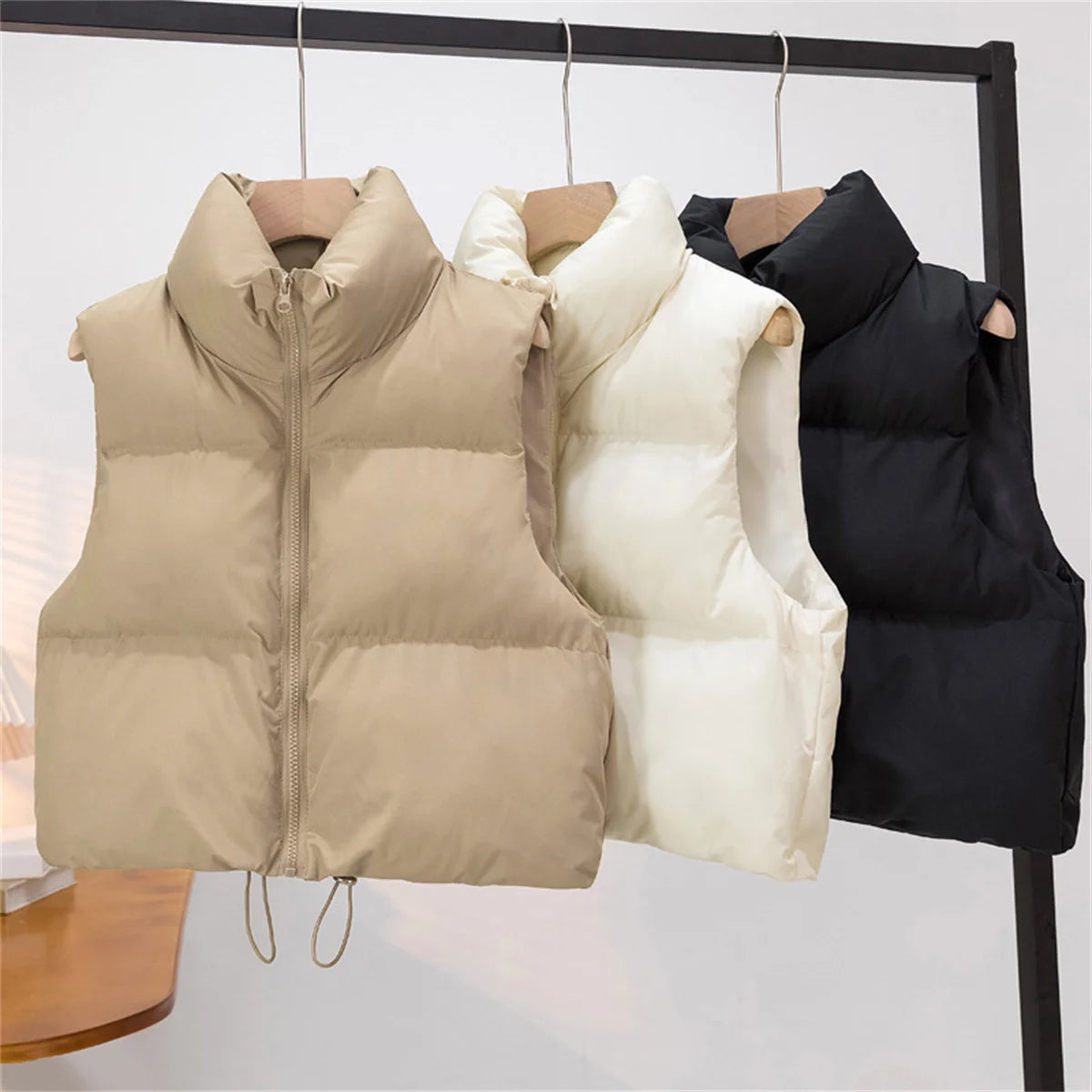 Fall Winter Womens Fashion Cropped Vest Coat Black Stand Collar Zipper Waistcoat Stylish Casual Outerwear For Ladies