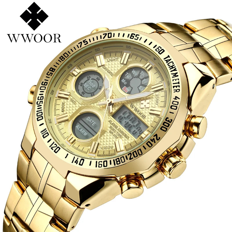 Mens Dual Rich Display Stainless Steel Golden Class Watches