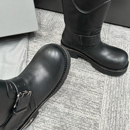 Womens Knee High Buckle Strap Boots Retro Pu Leather Rivet Thick Heel Motorcycle Boots