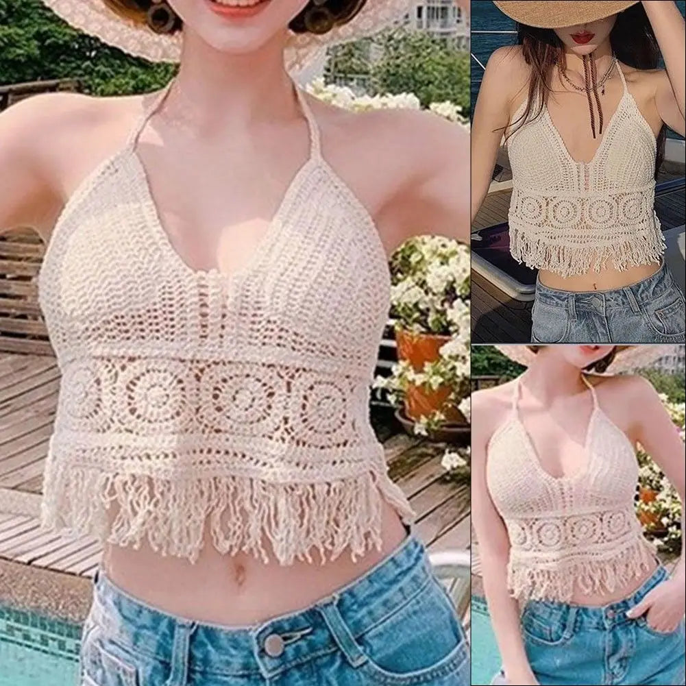 2025 Handmade Knit Crochet Crop Top Sexy Halter Camisole Push Up Beach Tank For Women Yoga Wear