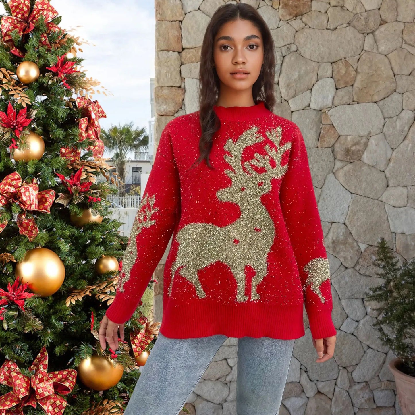 Christmas Knit Sweater Elegant Snowflake Deer Pattern