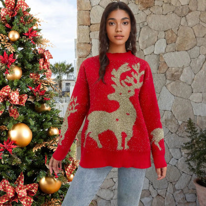 Christmas Knit Sweater Elegant Snowflake Deer Pattern