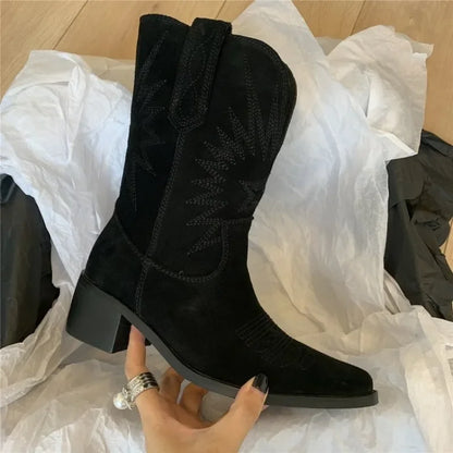 Handmade Leather Womens Boots With Natural Embroidery Pointed Toe Spike Heel Western Retro Style For Autumn Winter 2025