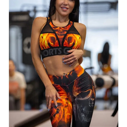 Red Printed Mesh Sportswear Set Tank Top Leggings For Women
