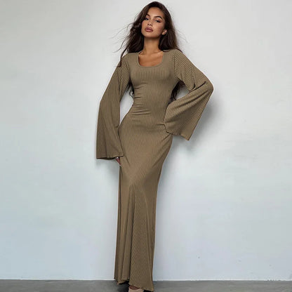 Quiet Luxury Aesthetic - Elegant Ribbed Bell Sleeve Maxi Dress