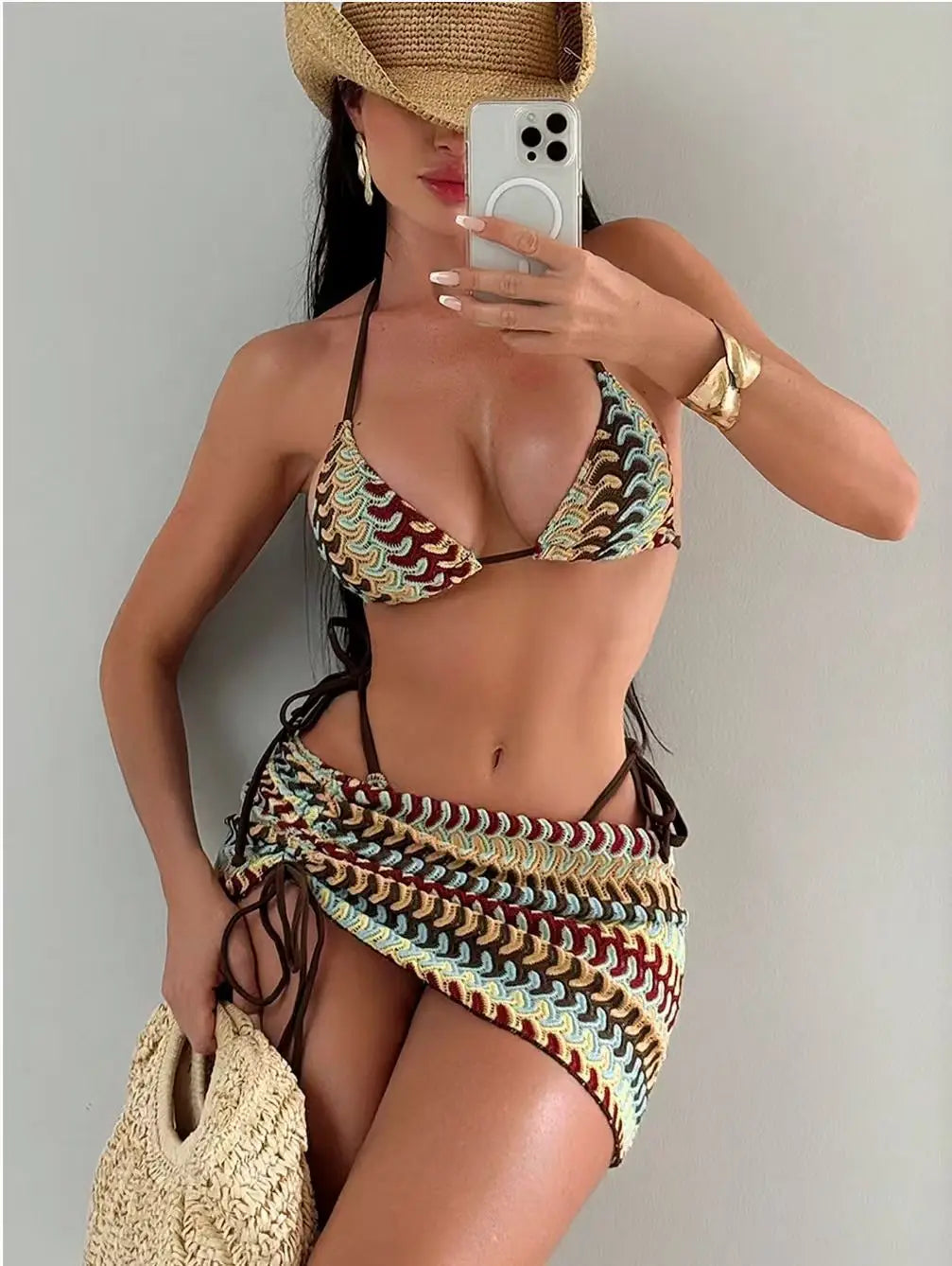 3 Piece Bikini Set With Beach Skirt For Women Printed Halter Swimsuit Beachwear