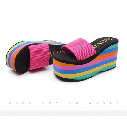 Women Rainbow Slippers High Heels Flip Flop Wedge Slippers Summer 10cm Heels Platform Slippers Flip Flops Womens Slides