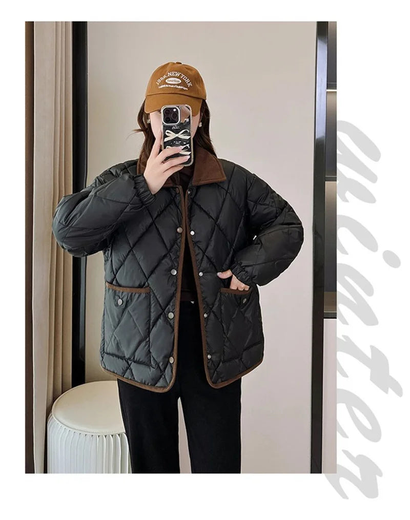 Quilted PU Leather Short Coat – Warm Rhombic Lattice Winter Jacket for Women