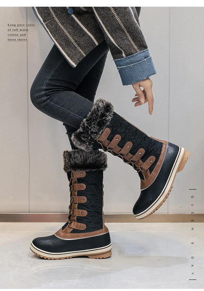 Winter High Lace-Up Snow Boots: Warm, Fur-Lined Mid-Calf Shoes for Women