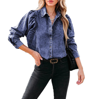 Refined Casual: Lace-Up Denim Three-Quarter Sleeve Cropped Blouse