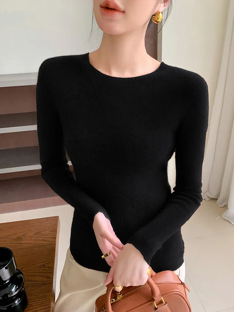 Womens Printed Knitted Sweater Soft O Neck Slim Pullover Korean Fashion Long Sleeve Top For Spring Autumn