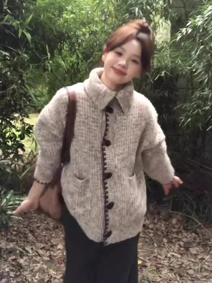 Vintage Knitted Cardigan For Women Kawaii Tweed Sweater Korean Retro Knitwear Autumn Winter Sweater Tops